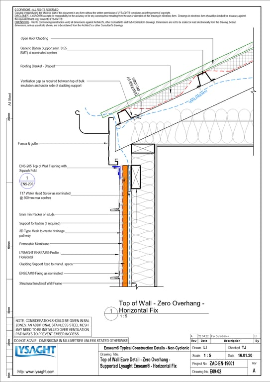 Navigate to E09-02 - Top of Wall Eave Detail - Zero Overhang - Supported Lysaght Enseam® - Horizontal Fix