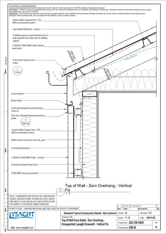 E09-03 - Top of Wall Eave Detail - Zero Overhang - Unsupported Lysaght Enseam® - Vertical Fix