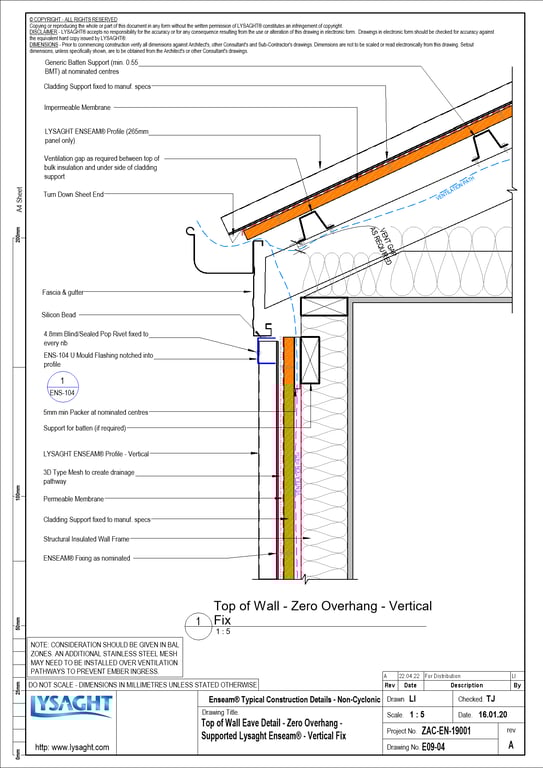  Image of E09-04 - Top of Wall Eave Detail - Zero Overhang - Supported Lysaght Enseam® - Vertical Fix