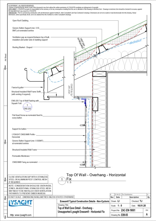 Navigate to E09-05 - Top of Wall Eave Detail - Overhang - Unsupported Lysaght Enseam® - Horizontal Fix