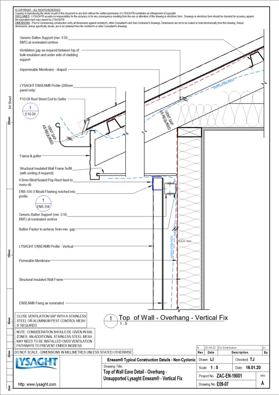 Navigate to E09-07 - Top of Wall Eave Detail - Overhang - Unsupported Lysaght Enseam® - Vertical Fix