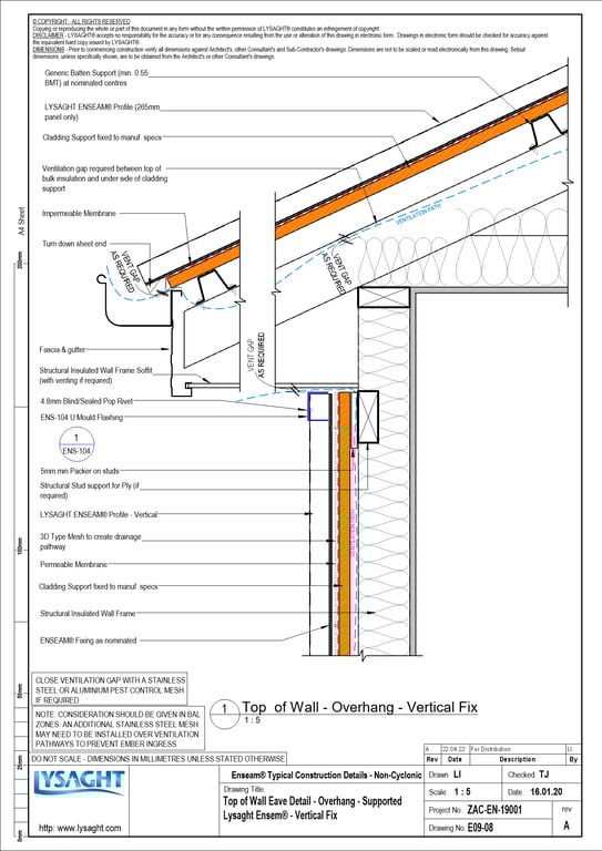 Navigate to E09-08 - Top of Wall Eave Detail - Overhang - Supported Lysaght Ensem® - Vertical Fix