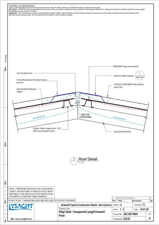 E10-01 - Ridge Detail - Unsupported Lysaght Enseam® Panel