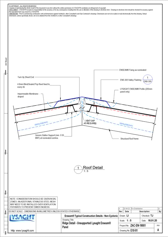 Navigate to E10-01 - Ridge Detail - Unsupported Lysaght Enseam® Panel