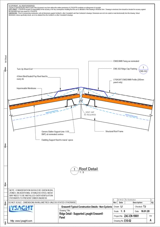 Navigate to E10-02 - Ridge Detail - Supported Lysaght Enseam® Panel