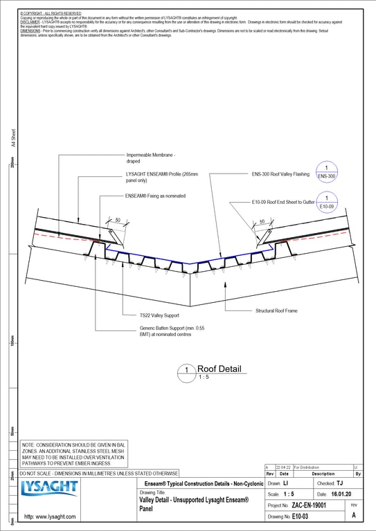 Navigate to E10-03 - Valley Detail - Unsupported Lysaght Enseam® Panel