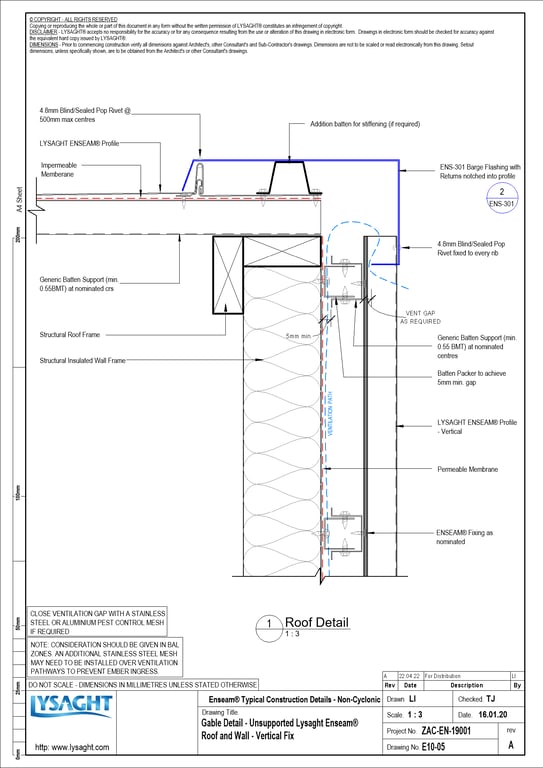 Navigate to E10-05 - Gable Detail - Unsupported Lysaght Enseam® Roof and Wall - Vertical Fix
