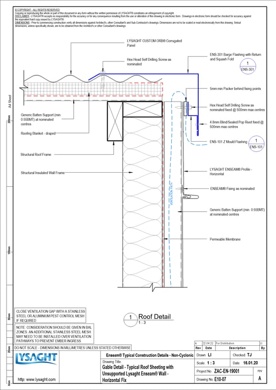 Navigate to E10-07 - Gable Detail - Typical Roof Sheeting with Unsupported Lysaght Enseam® Wall - Horizontal Fix