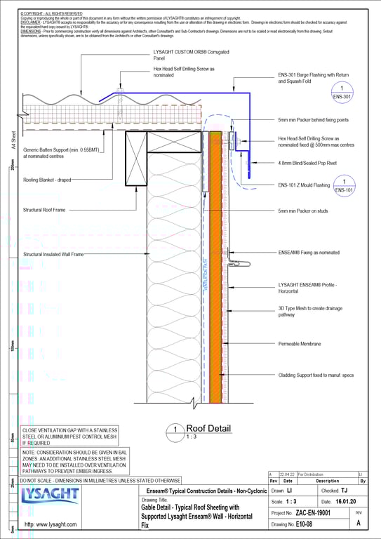 Navigate to E10-08 - Gable Detail - Typical Roof Sheeting with Supported Lysaght Enseam® Wall - Horizontal Fix