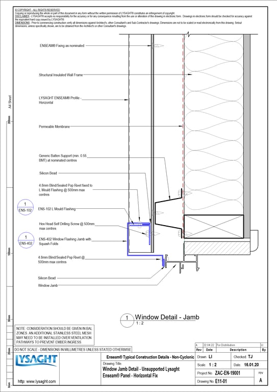 Navigate to E11-01 - Window Jamb Detail - Unsupported Lysaght Enseam® Panel - Horizontal Fix