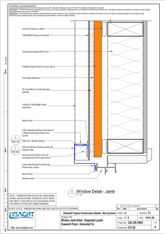Navigate to E11-02 - Window Jamb Detail - Supported Lysaht Enseam® Panel - Horizontal Fix