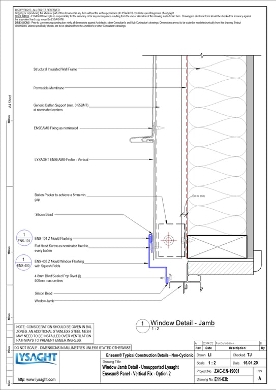 Navigate to E11-03b - Window Jamb Detail - Unsupported Lysaght Enseam® Panel - Vertical Fix - Option 2