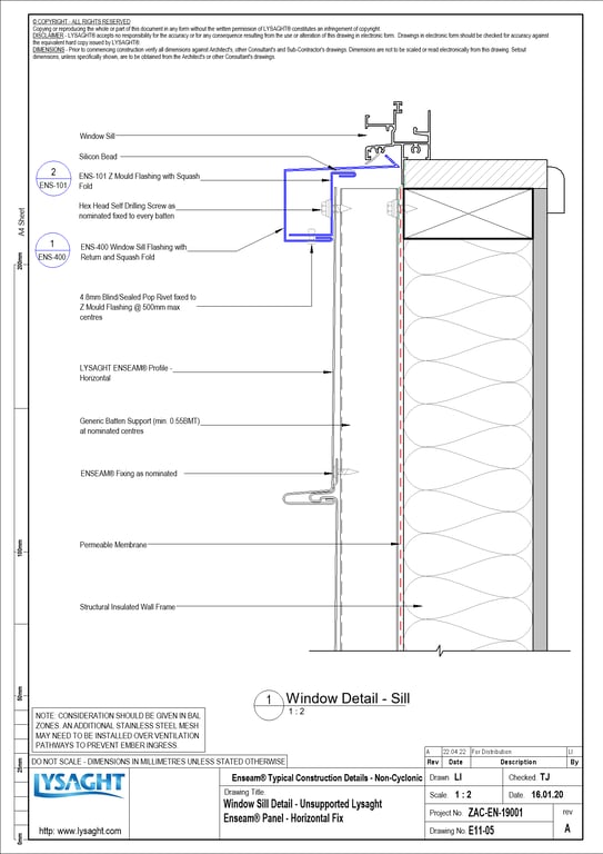 Navigate to E11-05 - Window Sill Detail - Unsupported Lysaght Enseam® Panel - Horizontal Fix