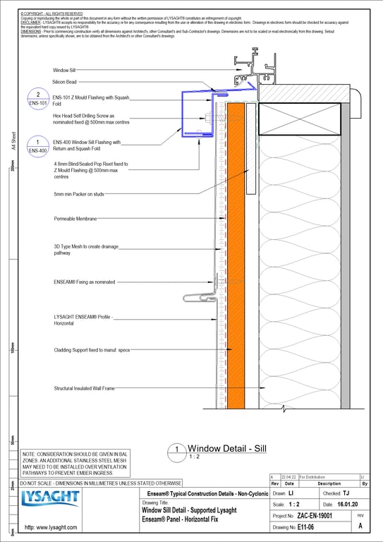 Navigate to E11-06 - Window Sill Detail - Supported Lysaght Enseam® Panel - Horizontal Fix