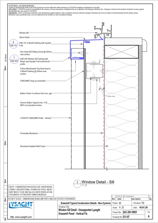 Navigate to E11-07 - Window Sill Detail - Unsupported Lysaght Enseam® Panel - Vertical Fix