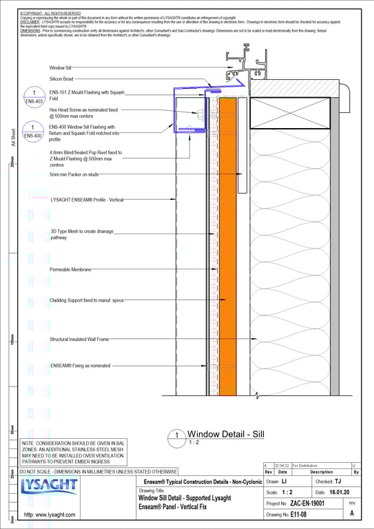 Navigate to E11-08 - Window Sill Detail - Supported Lysaght Enseam® Panel - Vertical Fix