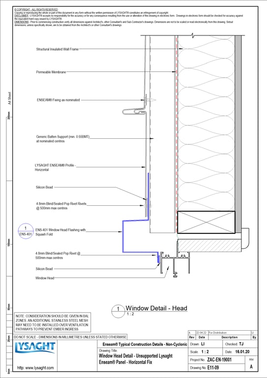 E11-09 - Window Head Detail - Unsupported Lysaght Enseam® Panel - Horizontal Fix