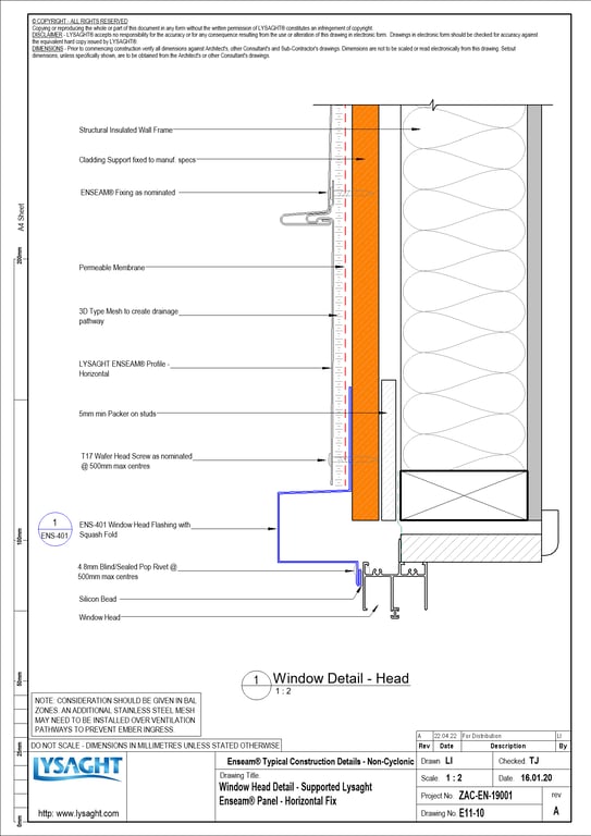 Navigate to E11-10 - Window Head Detail - Supported Lysaght Enseam® Panel - Horizontal Fix