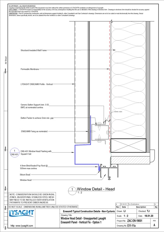 Navigate to E11-11a - Window Head Detail - Unsupported Lysaght Enseam® Panel - Vertical Fix - Option 1