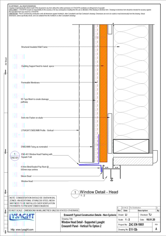 Navigate to E11-12b - Window Head Detail - Supported Lysaght Enseam® Panel - Vertical Fix Option 2