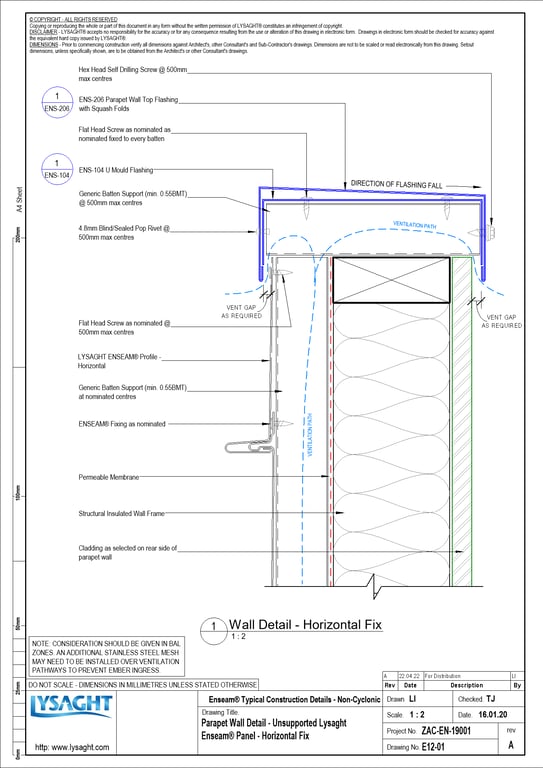 Navigate to E12-01 - Parapet Wall Detail - Unsupported Lysaght Enseam® Panel - Horizontal Fix