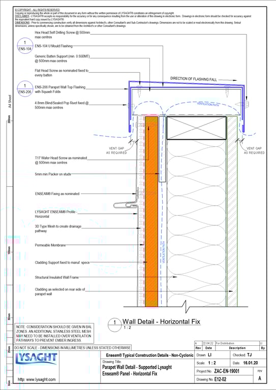 Navigate to E12-02 - Parapet Wall Detail - Supported Lysaght Enseam® Panel - Horizontal Fix