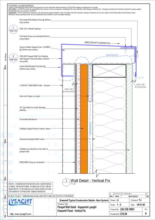 Navigate to E12-04 - Parapet Wall Detail - Supported Lysaght Enseam® Panel - Vertical Fix