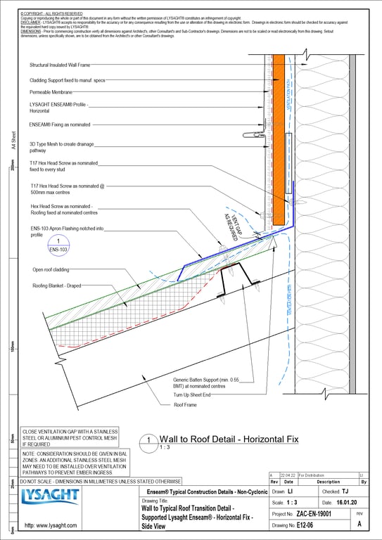 Navigate to E12-06 - Wall to Typical Roof Transition Detail - Supported Lysaght Enseam® - Horizontal Fix - Side View