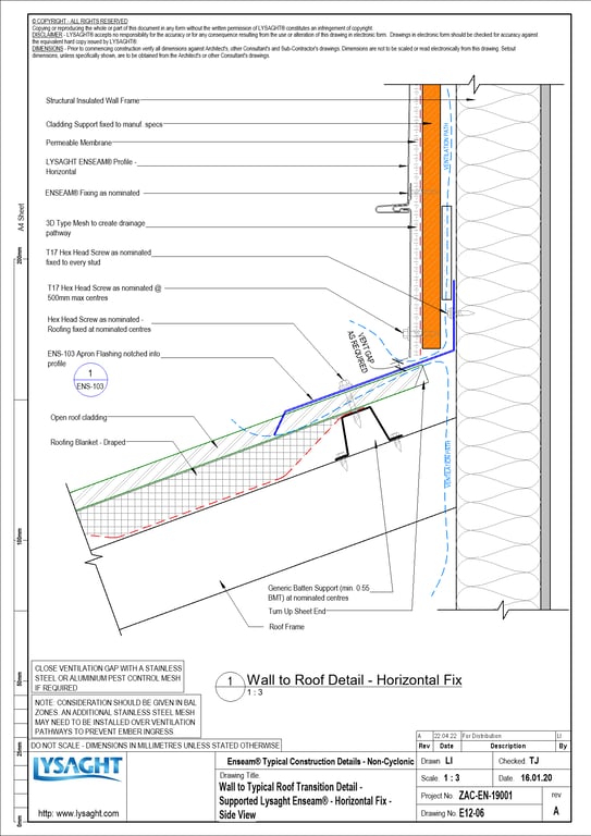 E12-06 - Wall to Typical Roof Transition Detail - Supported Lysaght Enseam® - Horizontal Fix - Side View