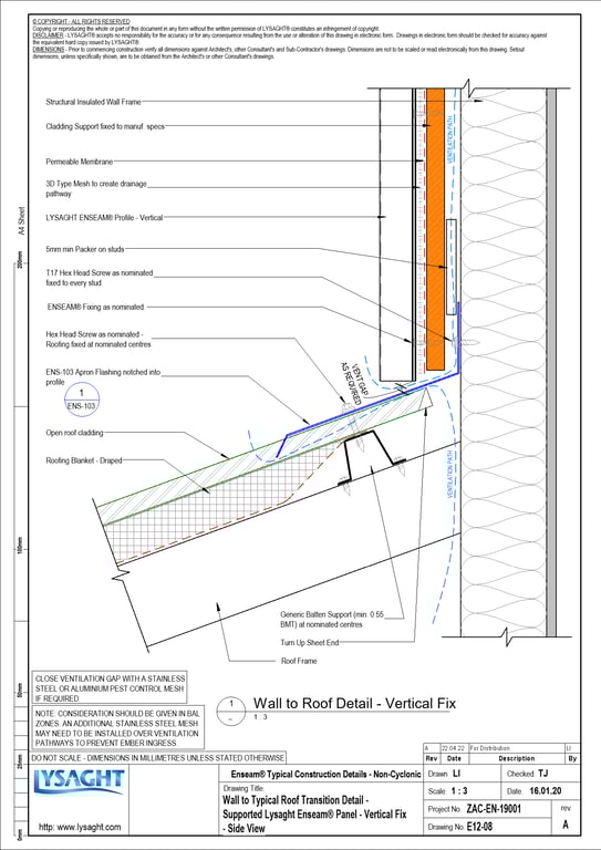 Navigate to E12-08 - Wall to Typical Roof Transition Detail - Supported Lysaght Enseam® Panel - Vertical Fix - Side View