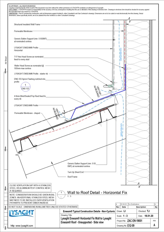 Navigate to E12-09 - Lysaght Enseam® Horizontal Fix Wall to Lysaght Enseam® Roof - Unsupported - Side view