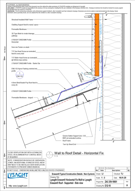 Navigate to E12-10 - Lysaght Enseam® Horizontal Fix Wall to Lysaght Enseam® Roof - Supported - Side view