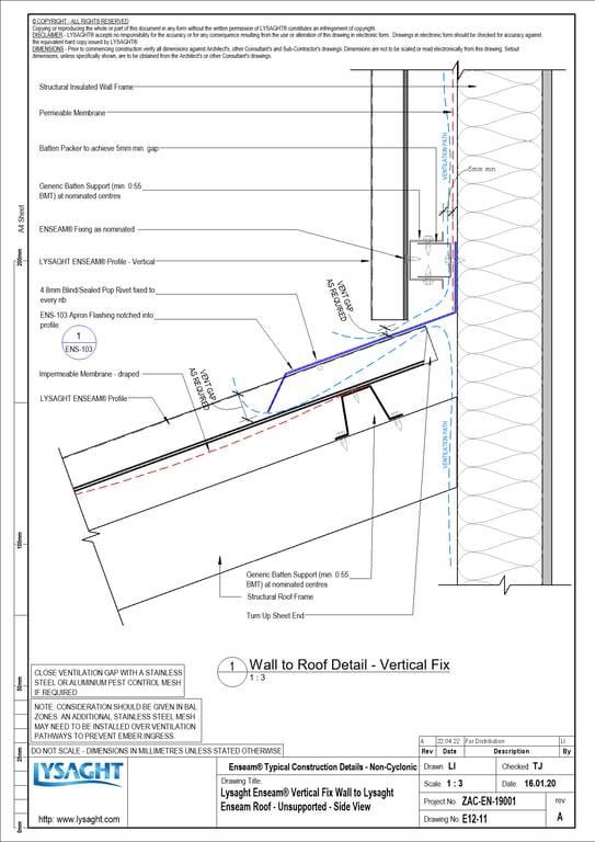 Navigate to E12-11 - Lysaght Enseam® Vertical Fix Wall to Lysaght Enseam Roof - Unsupported - Side View