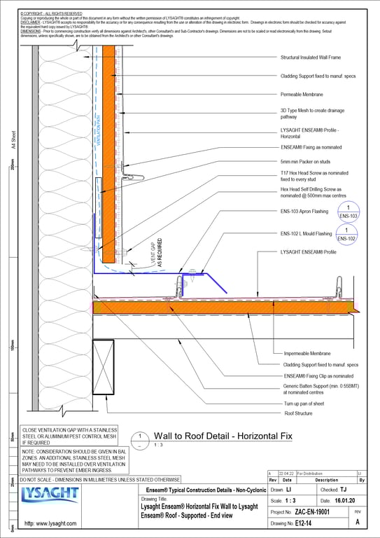 Navigate to E12-14 - Lysaght Enseam® Horizontal Fix Wall to Lysaght Enseam® Roof - Supported - End view