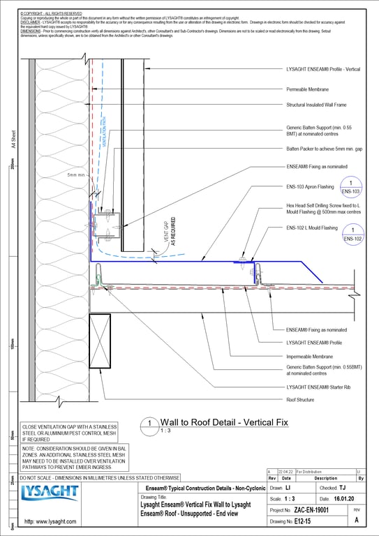 Navigate to E12-15 - Lysaght Enseam® Vertical Fix Wall to Lysaght Enseam® Roof - Unsupported - End view