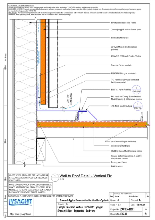 Navigate to E12-16 - Lysaght Enseam® Vertical Fix Wall to Lysaght Enseam® Roof - Supported - End view