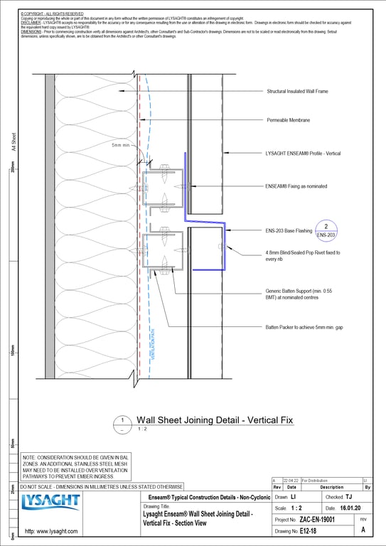 Navigate to E12-18 - Lysaght Enseam® Wall Sheet Joining Detail - Vertical Fix - Section View