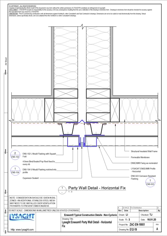 Navigate to E12-19 - Lysaght Enseam® Party Wall Detail - Horizontal Fix