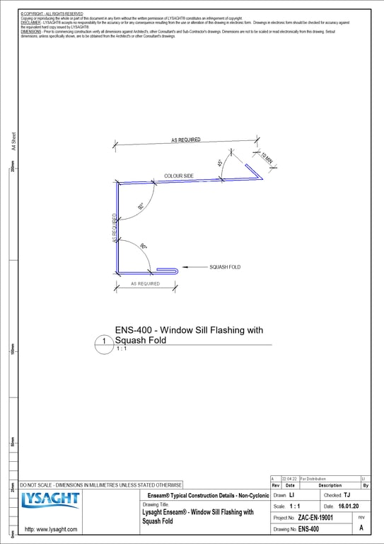 Navigate to ENS-400 - Lysaght Enseam® - Window Sill Flashing with Squash Fold