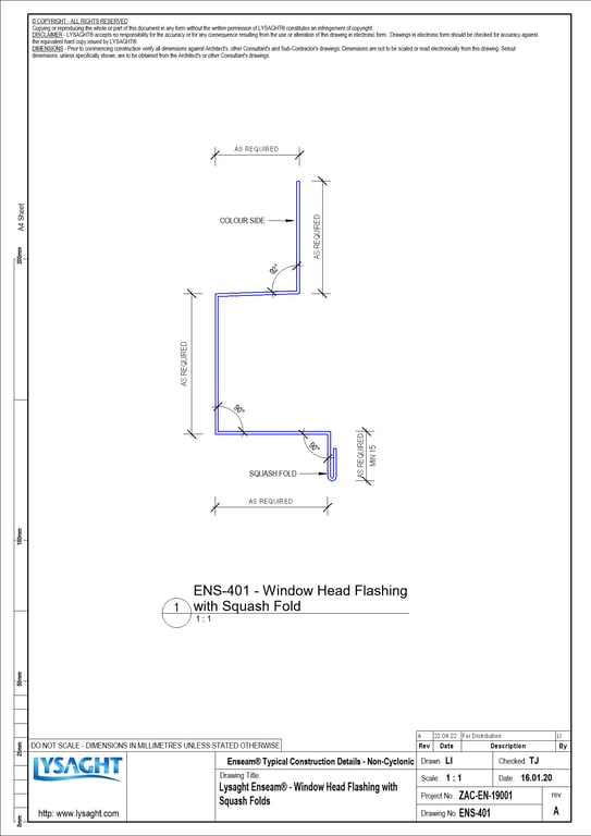 Navigate to ENS-401 - Lysaght Enseam® - Window Head Flashing with Squash Folds