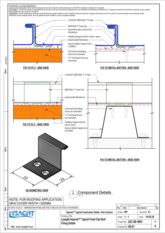 Navigate to I02-01 - Lysaght Imperial™ Typical Fixed Clip Roof Fixing Details