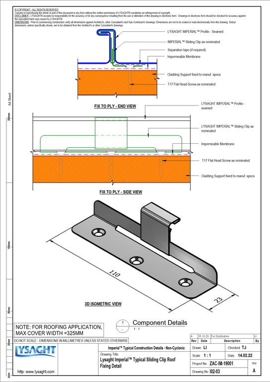 Navigate to I02-03 - Lysaght Imperial™ Typical Sliding Clip Roof Fixing Detail