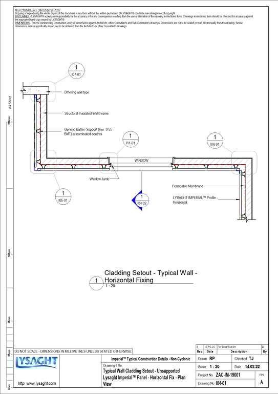 Navigate to I04-01 - Typical Wall Cladding Setout - Unsupported Lysaght Imperial™ Panel - Horizontal Fix - Plan View