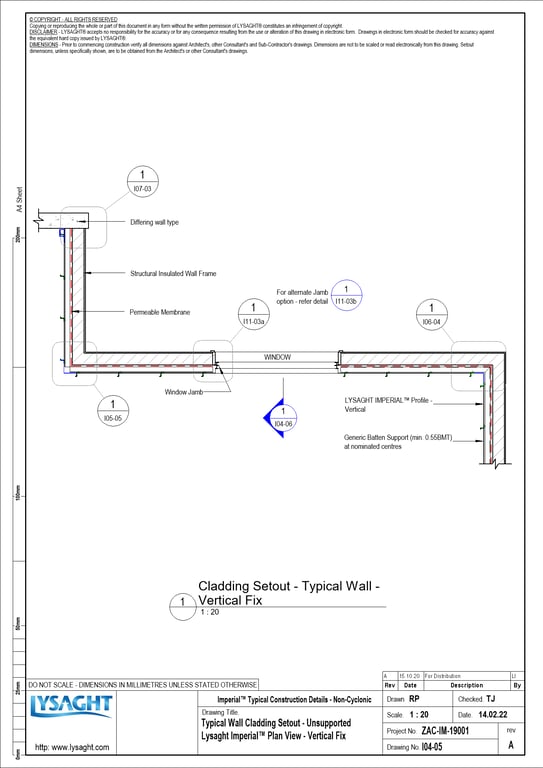 Navigate to I04-05 - Typical Wall Cladding Setout - Unsupported Lysaght Imperial™ Plan View - Vertical Fix