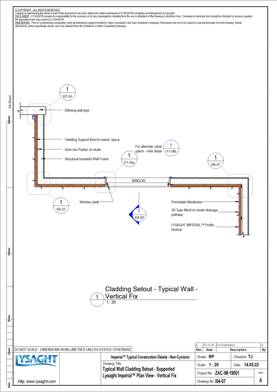 Navigate to I04-07 - Typical Wall Cladding Setout - Supported Lysaght Imperial™ Plan View - Vertical Fix