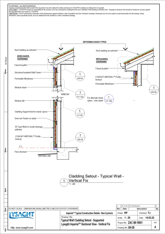 Navigate to I04-08 - Typical Wall Cladding Setout - Supported Lysaght Imperial™ Sectional View - Vertical Fix