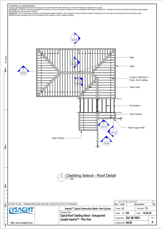 Navigate to I04-09 - Typical Roof Cladding Setout - Unsupported Lysaght Imperial™ - Plan View