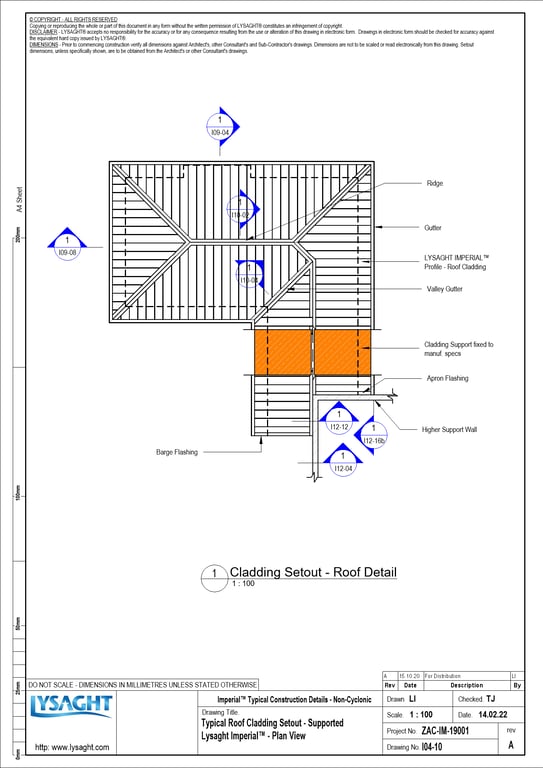 Navigate to I04-10 - Typical Roof Cladding Setout - Supported Lysaght Imperial™ - Plan View