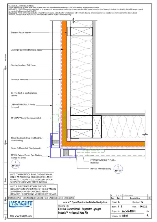 Navigate to I05-02 - External Corner Detail - Supported Lysaght Imperial™ Horizontal Hard Fix
