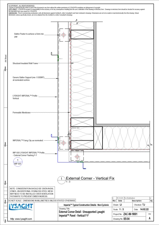 Navigate to I05-04 - External Corner Detail - Unsupported Lysaght Imperial™ Panel - Vertical F-F
